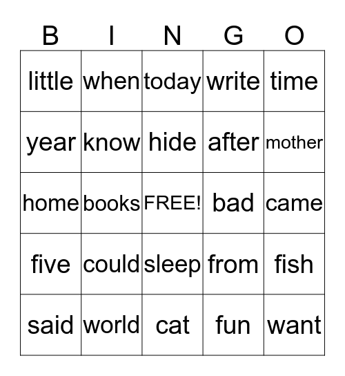 Sight Word Bingo Card