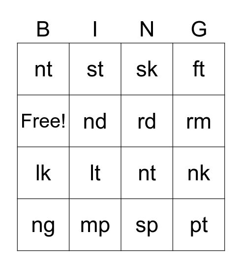 Ending Blends Bingo Card