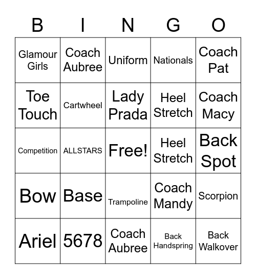 Hollywood Cheer Bingo Card