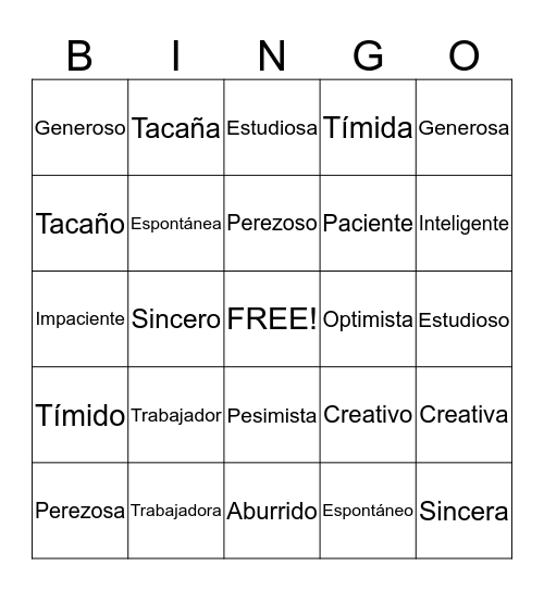 Spanish 2 Chapter 1C Bingo Card