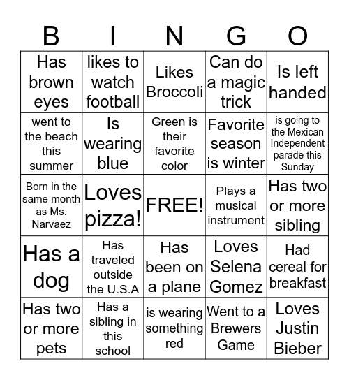 Find Someone In Our Class Who............ Bingo Card