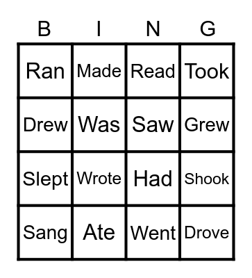 Past Irregular Verbs Bingo Card
