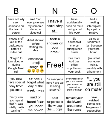 Remote Worker Bingo Card