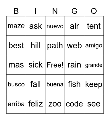 Level 1 Spanish Bingo #1 Bingo Card