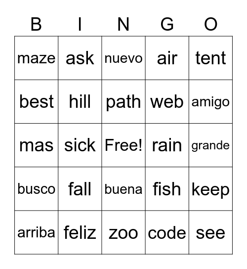 Level 1 Spanish Bingo #1 Bingo Card