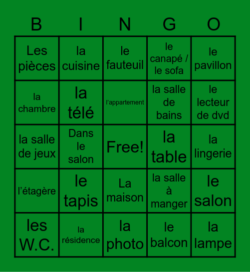 Rooms of the House / Living Room Furniture Bingo Card
