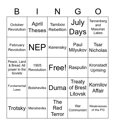 Russian Revolution Bingo Card