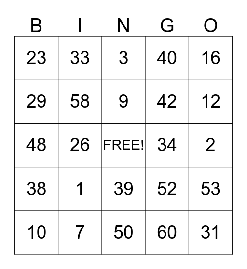 Getallen tot 60 Bingo Card