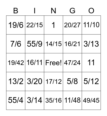 Fractions: +,-,x,/ Bingo Card