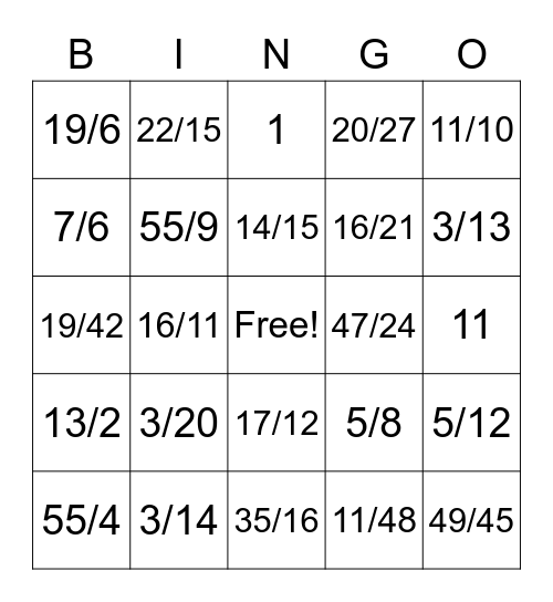 Fractions: +,-,x,/ Bingo Card