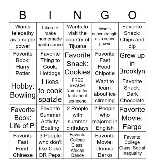 Fellow Fun Fact Bingo! Bingo Card