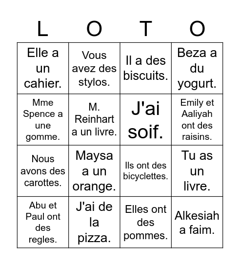 Avoir Bingo Card