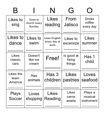 Getting to know you Bingo Card