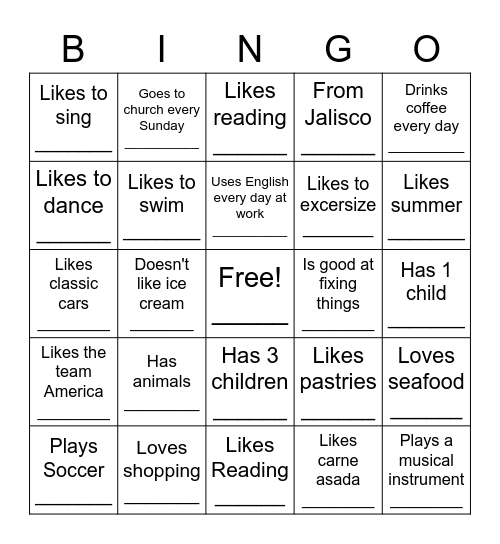 Getting to know you Bingo Card