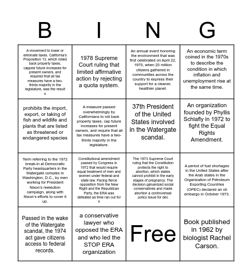 APUSH Chapter 29: 1970s Bingo Card