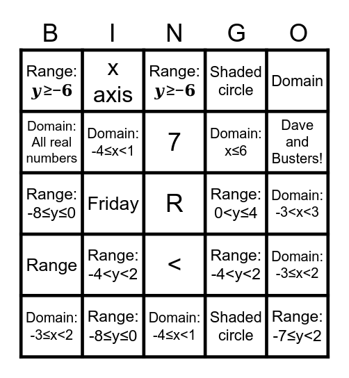Domain and Range Bingo Card