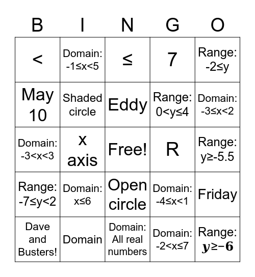 Domain and Range Bun Bingo Card