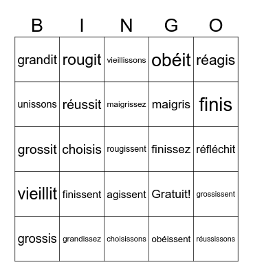 French -ir verbs Bingo Card