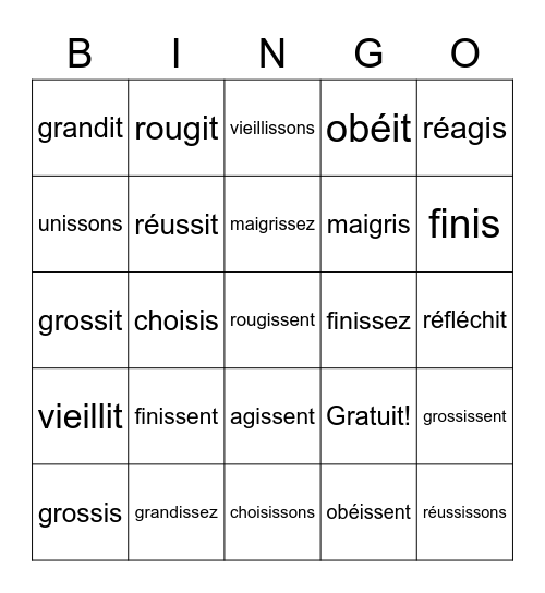 French -ir verbs Bingo Card