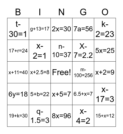 Find the Value of the Variable Bingo Card