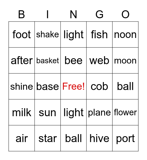 compound words Bingo Card