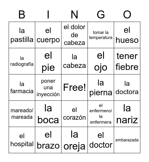 G.L. Spanish Vocab Unit 8 Bingo Card