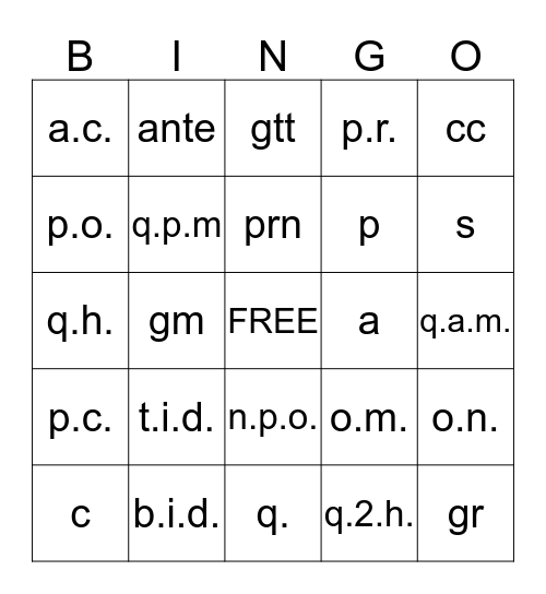 MED 131 Ch 10 Bingo Card