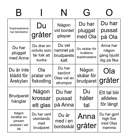 Anna och Olas bröllopsbingo! Bingo Card