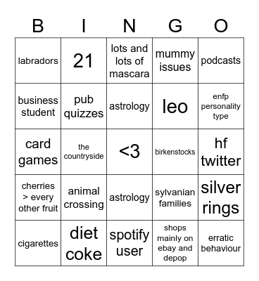 alice’s bingo Card