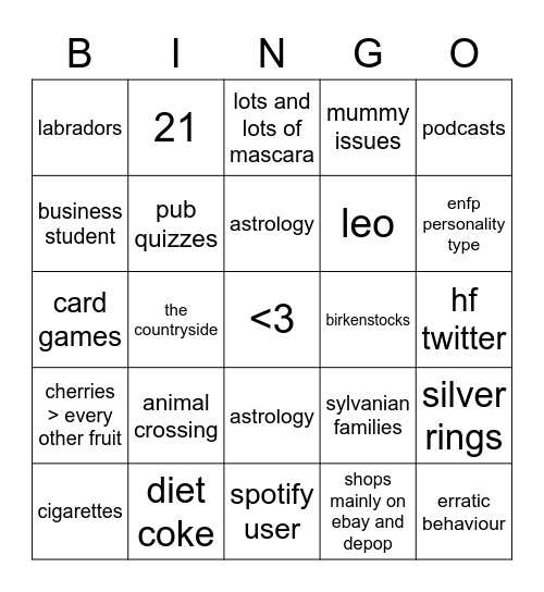 alice’s bingo Card