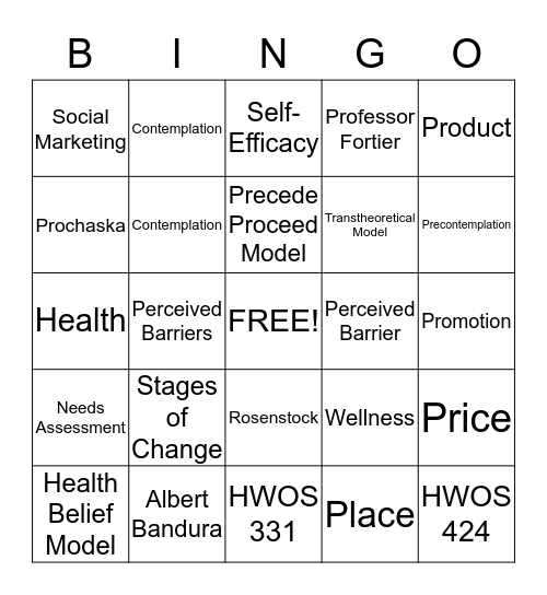 Theories of Health Promotion  Bingo Card