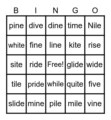 Long Vowel Silent -e Long i Bingo Card