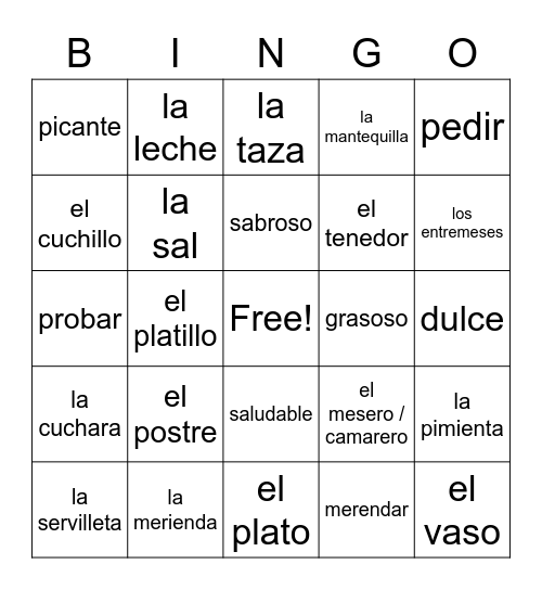 Los Cubiertos/Otras Comidas/Restaurante Bingo Card