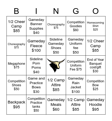 Kell High School Varsity and Competition CHEER Bingo Card