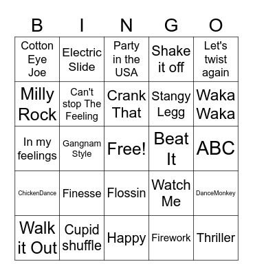 Just Dance Bingo Card