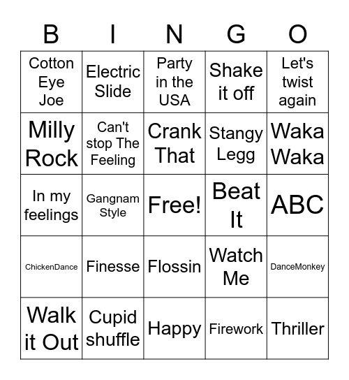 Just Dance Bingo Card