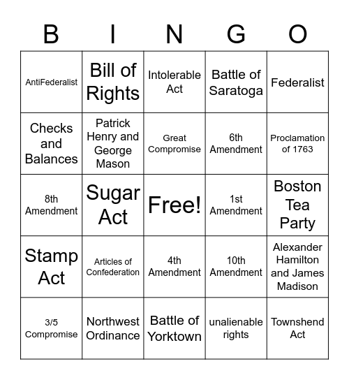 STAAR Review American Revolution and Constitution Bingo Card