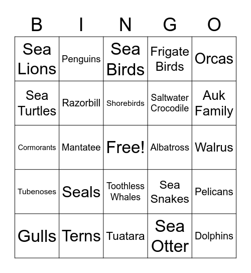 Marine Animals Bingo Card