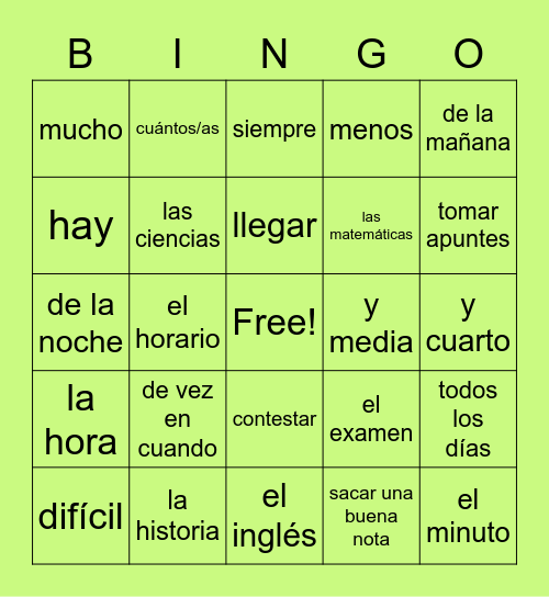 Avancemos 1 Unidad 2.1 Bingo Card