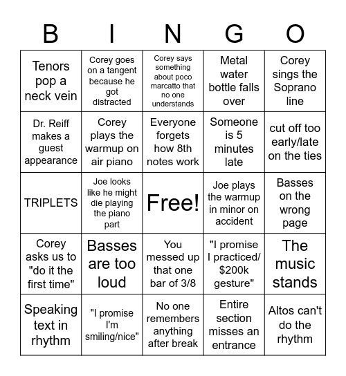 Chorale Bingo Card