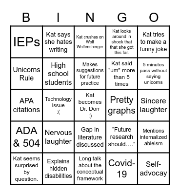 Kat's Dissertation Defense Bingo Card