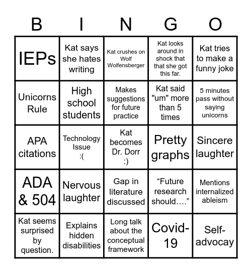 Kat's Dissertation Defense Bingo Card