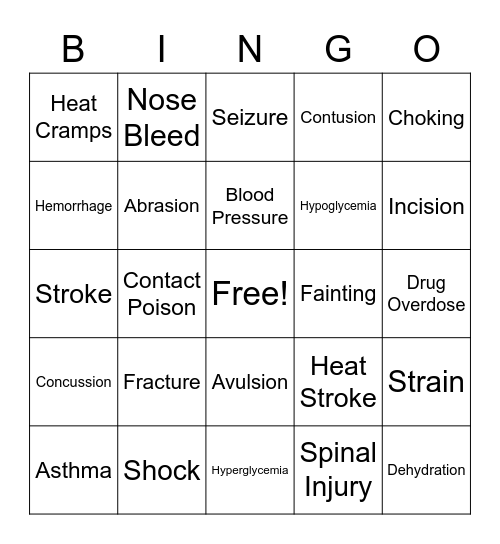 First Aid Terms Bingo Card