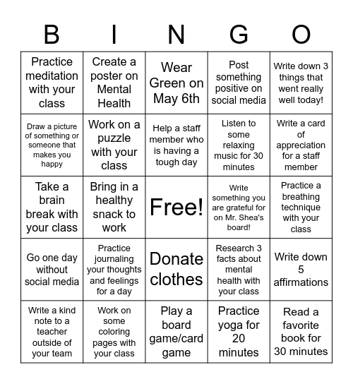 Mental Health Awareness Month Activities Bingo Card