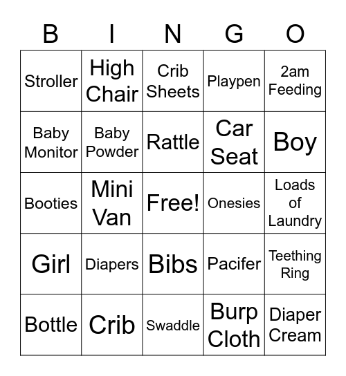 Baby Shower Bingo Card