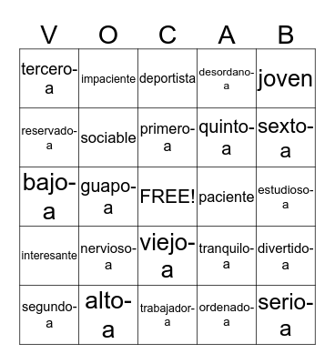 ADJEVITOS Y NUMEROS ORDINALES Bingo Card