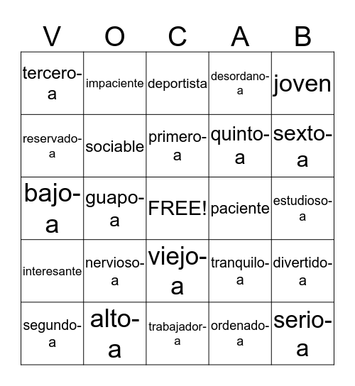 ADJEVITOS Y NUMEROS ORDINALES Bingo Card