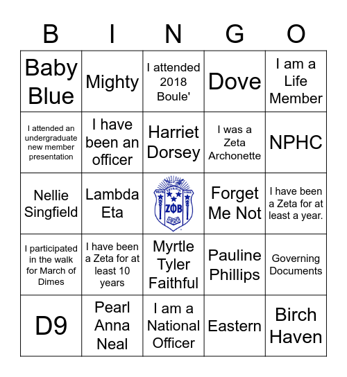 Zeta Phi Beta Sorority Bingo Card