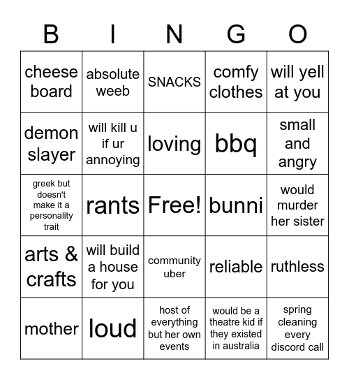 Sevvie-chan Bingo Card