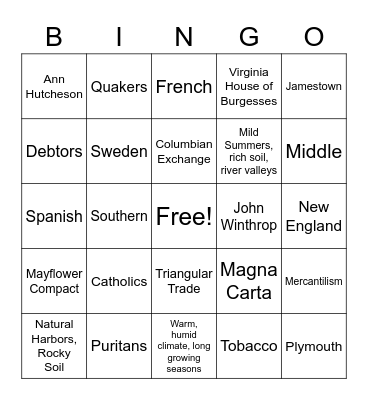 Colonization Bingo Card